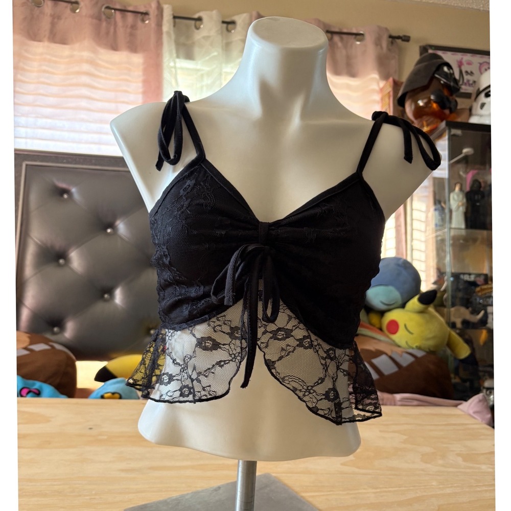 Y2K Sexy Black Floral Lace Tie Shoulder Camisole Crop Top Coquette Tank Small
